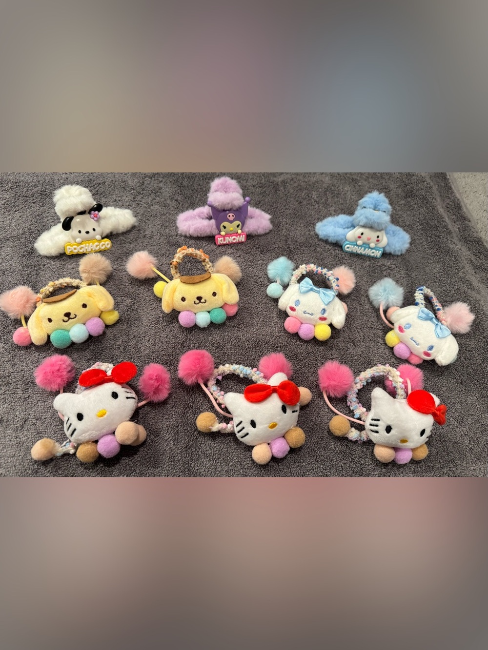 10 Pcs Plush Character Hair Tie/Clip with Pastel Pom Poms
